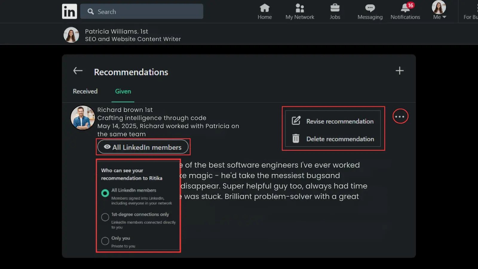 Customize visibility of recommendations.