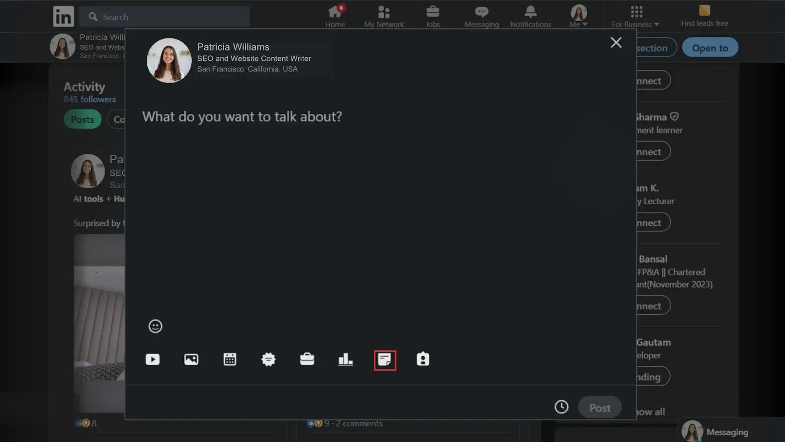 Image showing document icon upload pdf of carousel on LinkedIn.