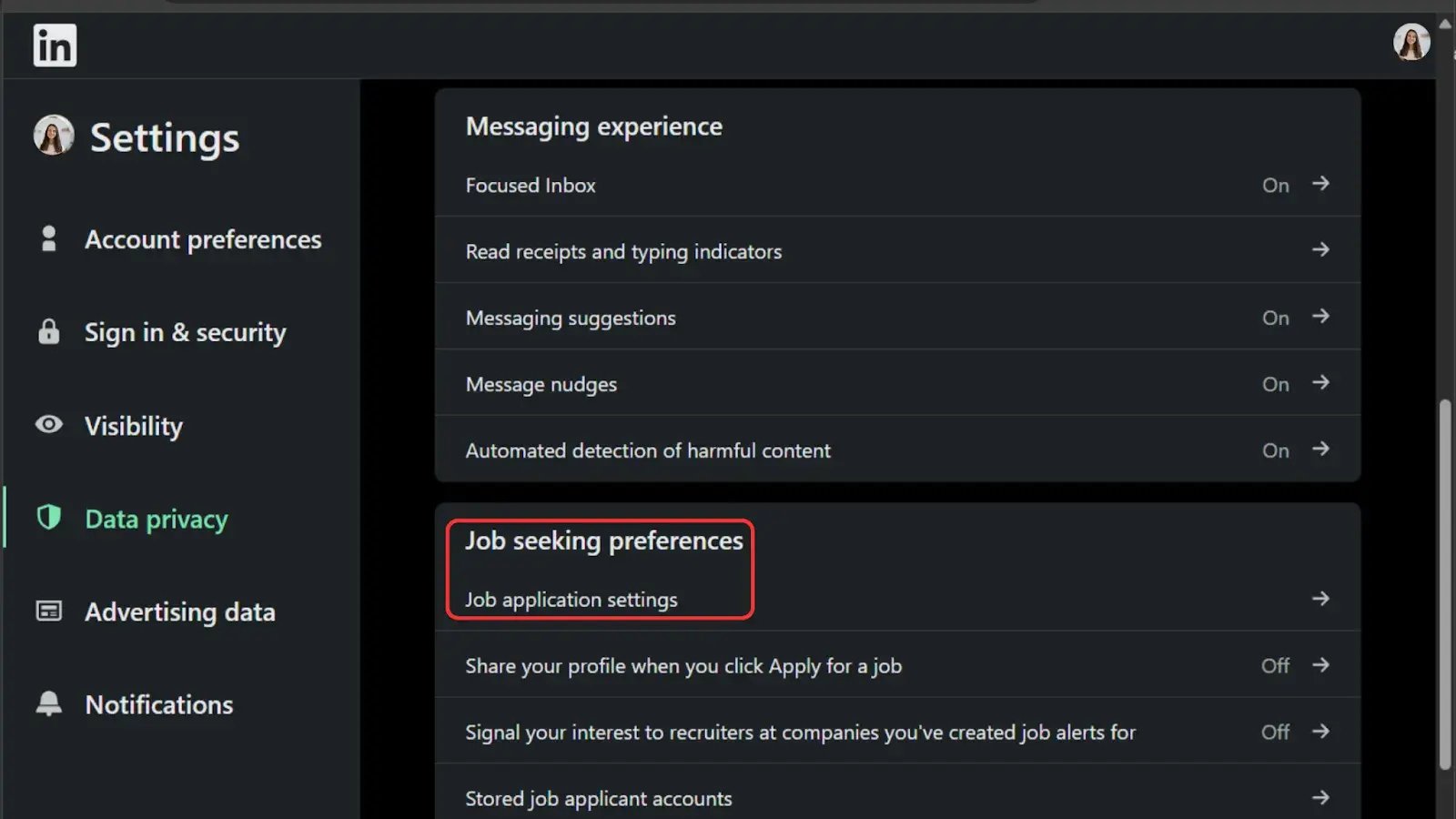 Job preferences> Job application settings
